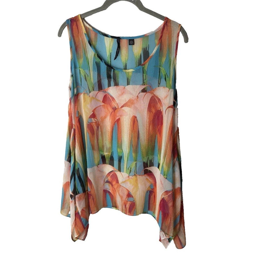 Skye's the Limit Sleeveless Blouse Size Large Top Semi-Sheer Floral Colorful